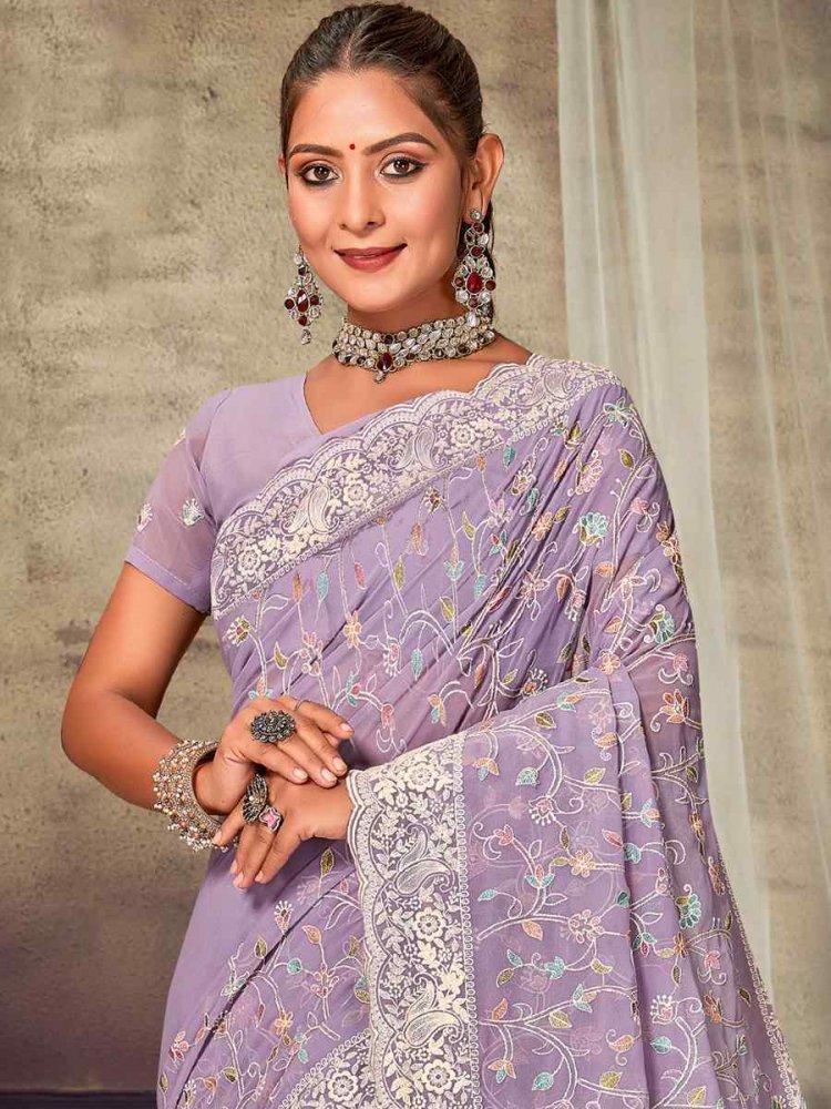 Buy Lavender Color Floral Pyor Georgette Saree, Embroidery Work Saree,  Border Work Party Wear Saree Exclusive Saree Designer Saree, Saree Blouse  Online in India - Etsy