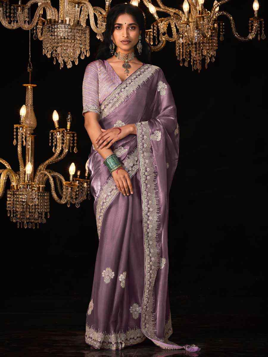 Lavender Glass Tissue Silk Embroidered Party Reception Heavy Border Saree