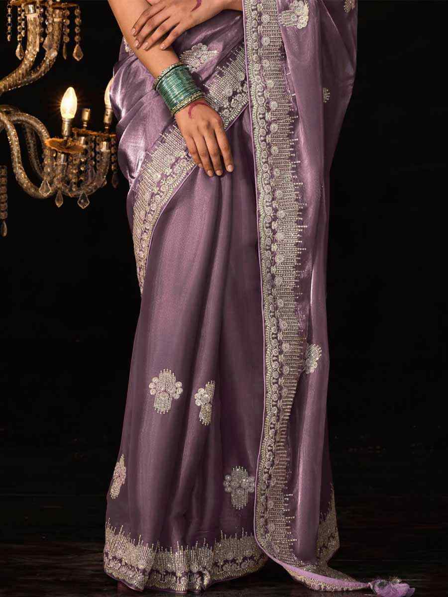 Lavender Glass Tissue Silk Embroidered Party Reception Heavy Border Saree