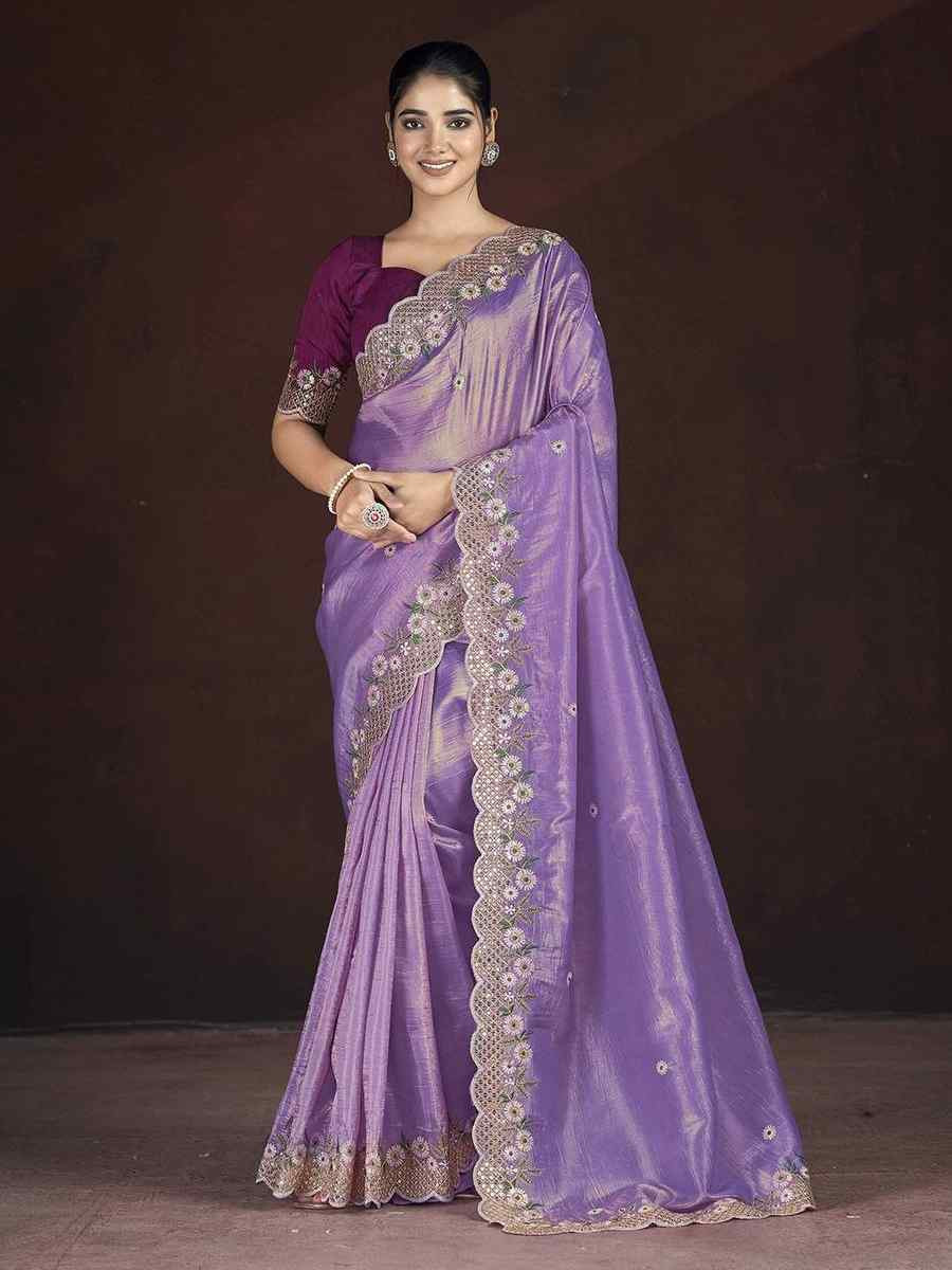 Lavender Gold Crunchy Embroidered Casual Festival Wedding Heavy Border Saree