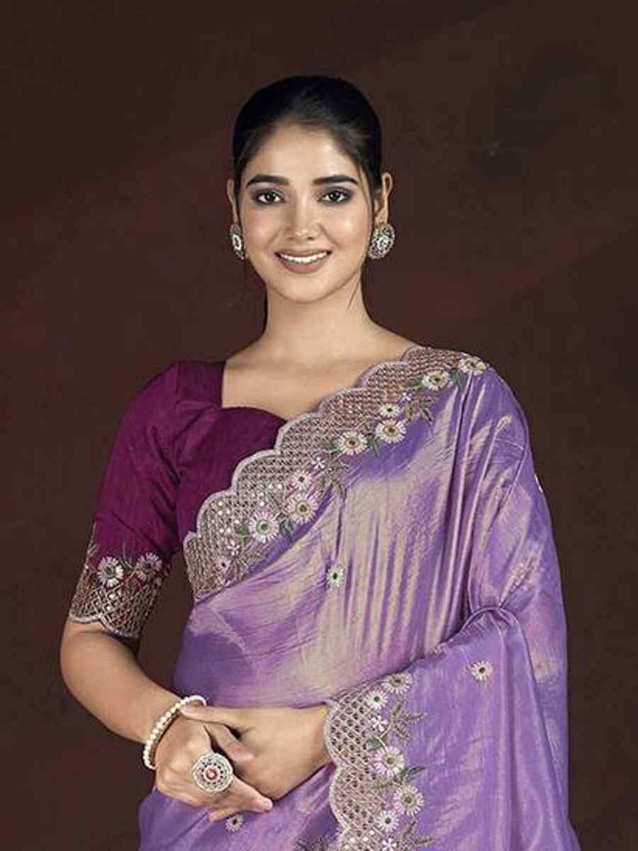 Lavender Gold Crunchy Embroidered Casual Festival Wedding Heavy Border Saree