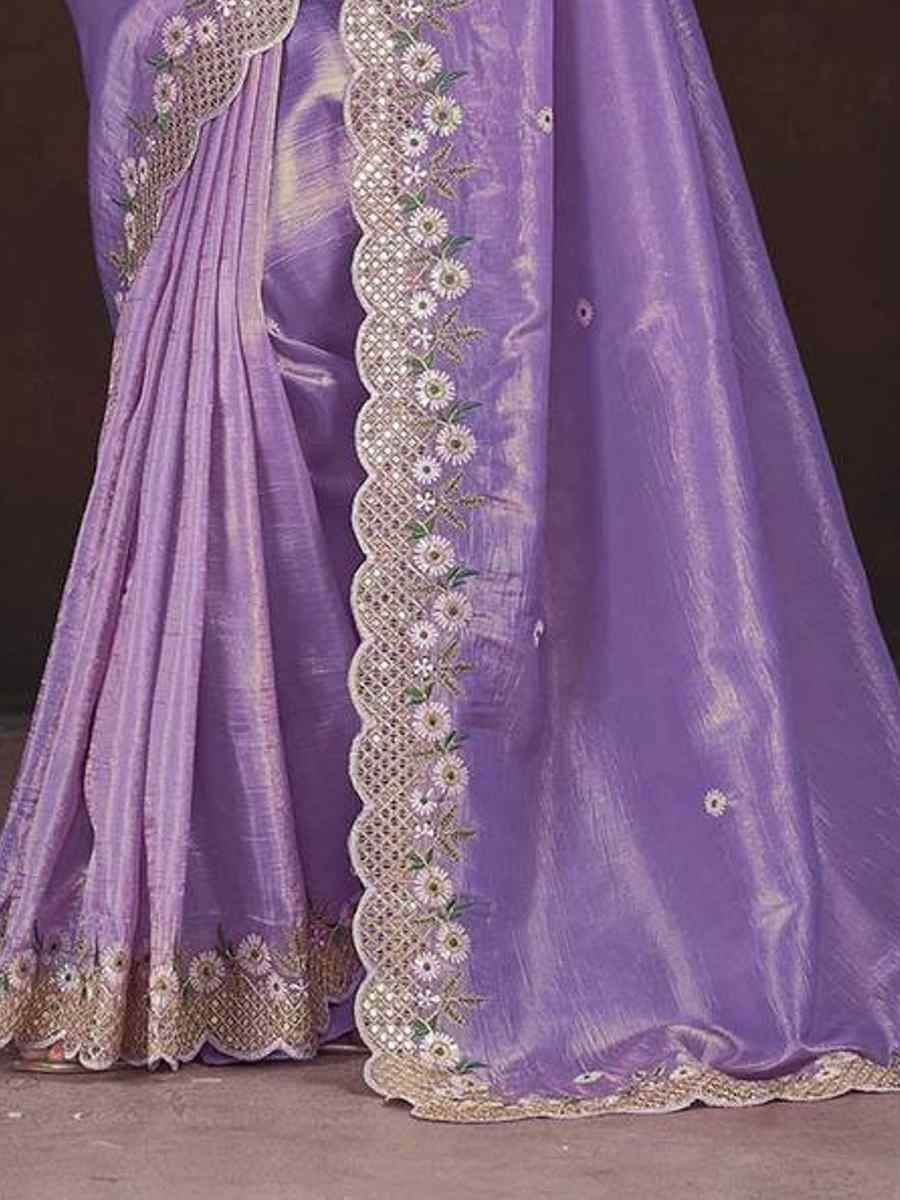 Lavender Gold Crunchy Embroidered Casual Festival Wedding Heavy Border Saree