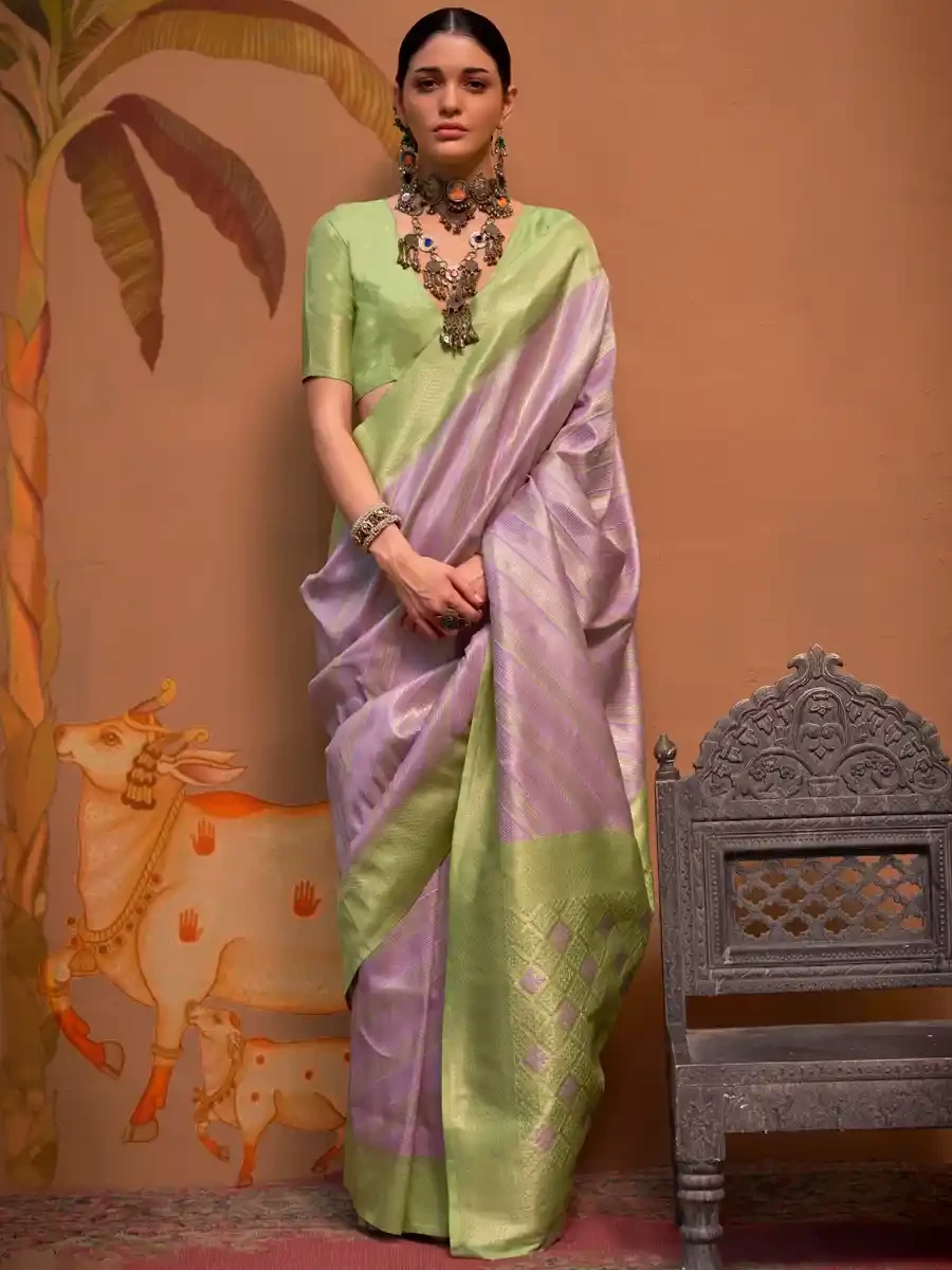 Lavender Handloom Linen Handwoven Festival Wedding Heavy Border Saree