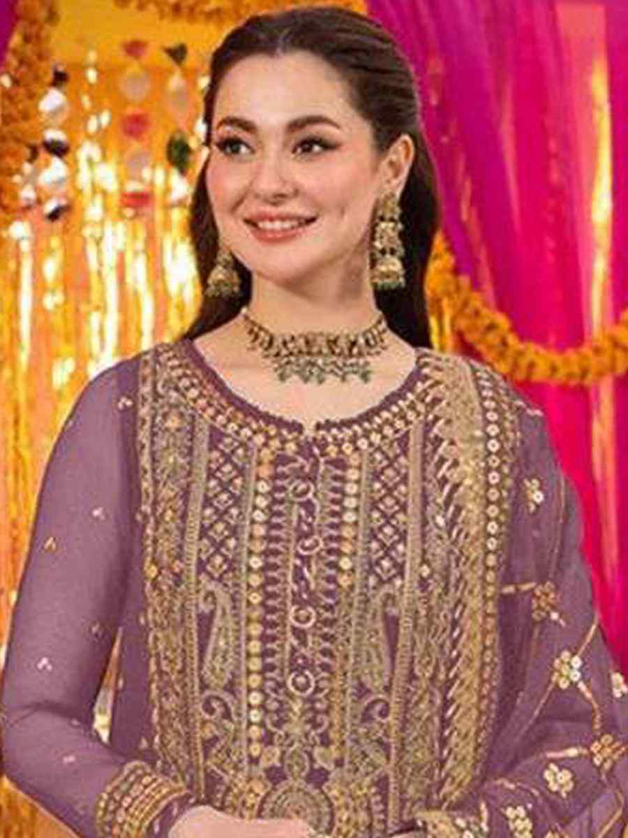 Lavender Heavy Faux Georgette Embroidered Festival Mehendi Pant Salwar Kameez