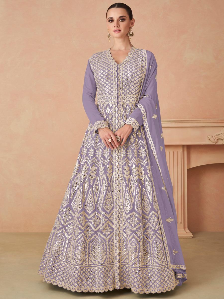 Lavender Heavy Faux Georgette Embroidered Festival Wedding Anarkali Salwar Kameez