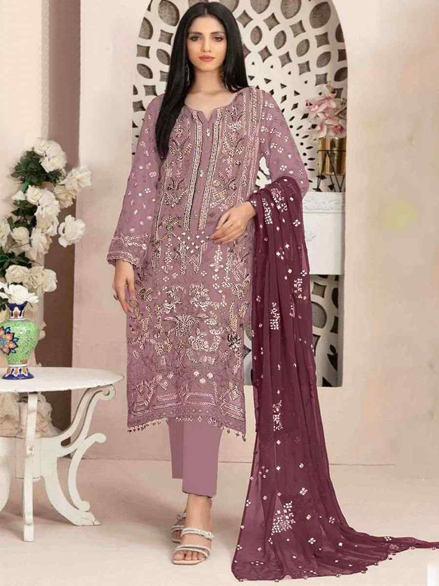 Lavender Heavy Faux Georgette Embroidered Festival Wedding Pant Salwar Kameez