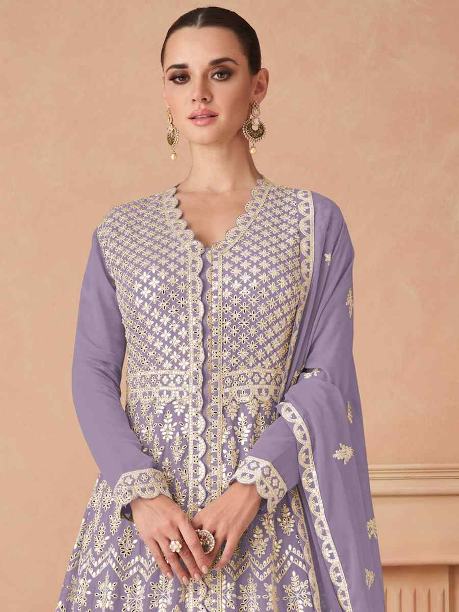 Lavender Heavy Faux Georgette Embroidered Festival Wedding Pant Salwar Kameez