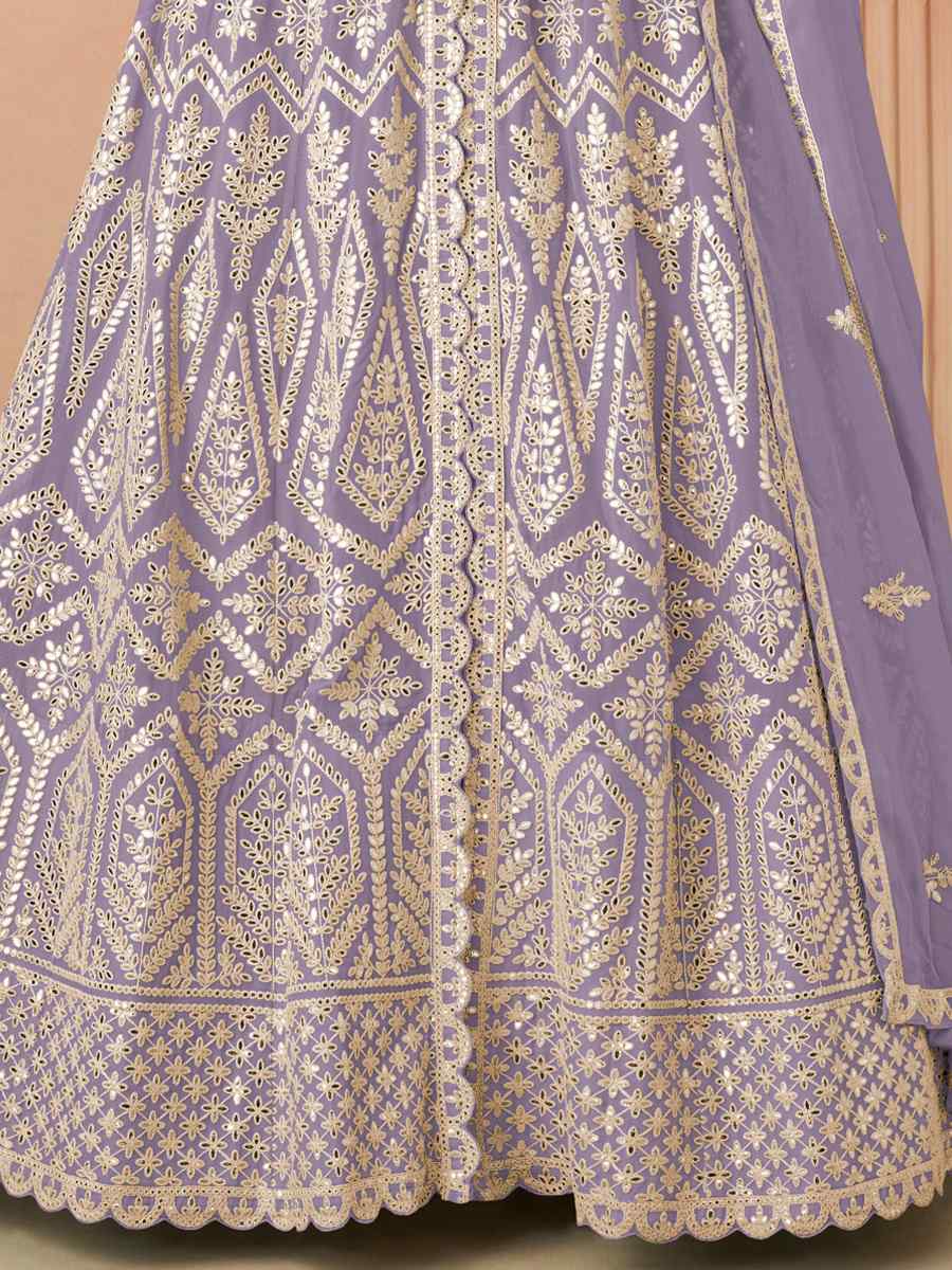 Lavender Heavy Faux Georgette Embroidered Festival Wedding Pant Salwar Kameez