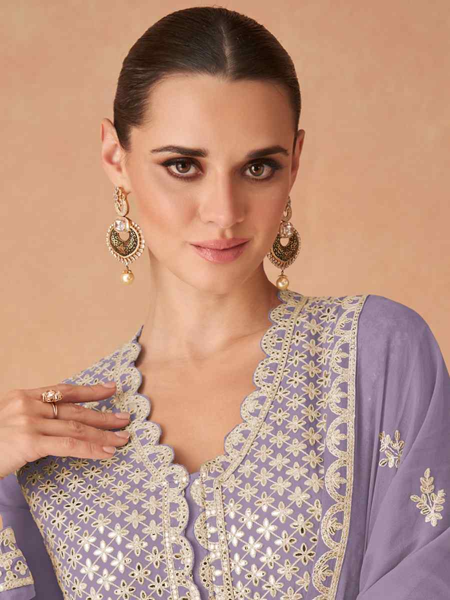 Lavender Heavy Faux Georgette Embroidered Festival Wedding Pant Salwar Kameez