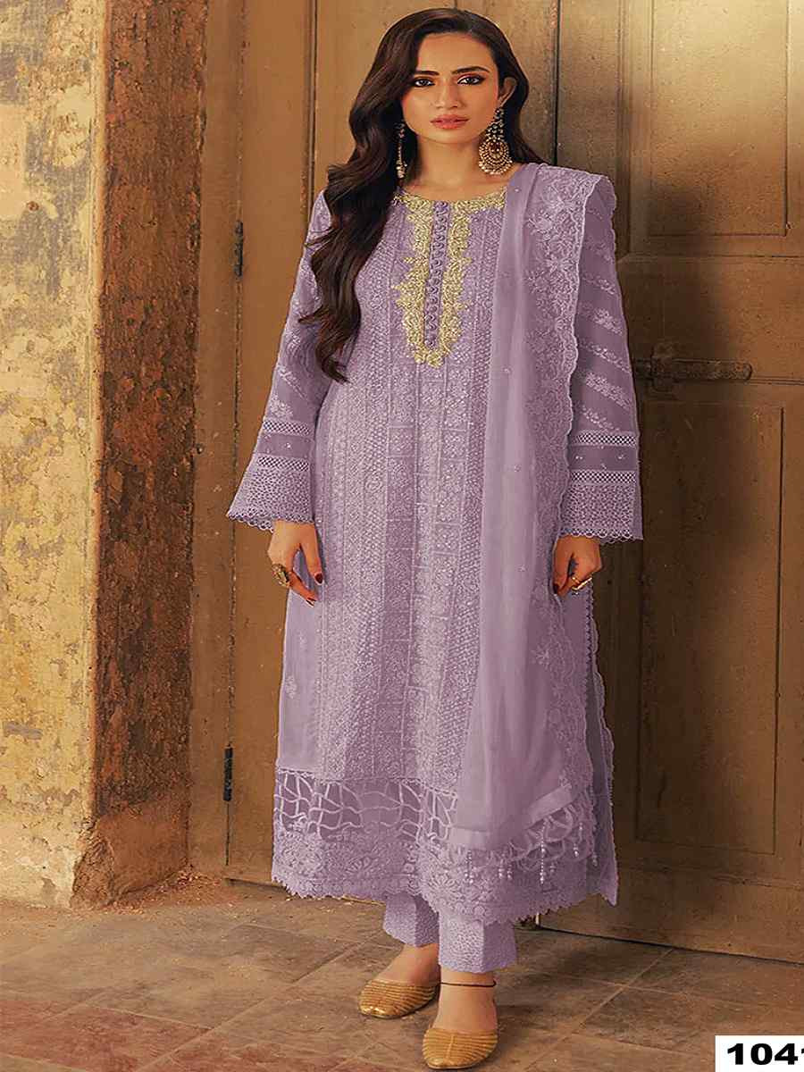 Lavender Heavy Faux Georgette Embroidered Festival Wedding Pant Salwar Kameez