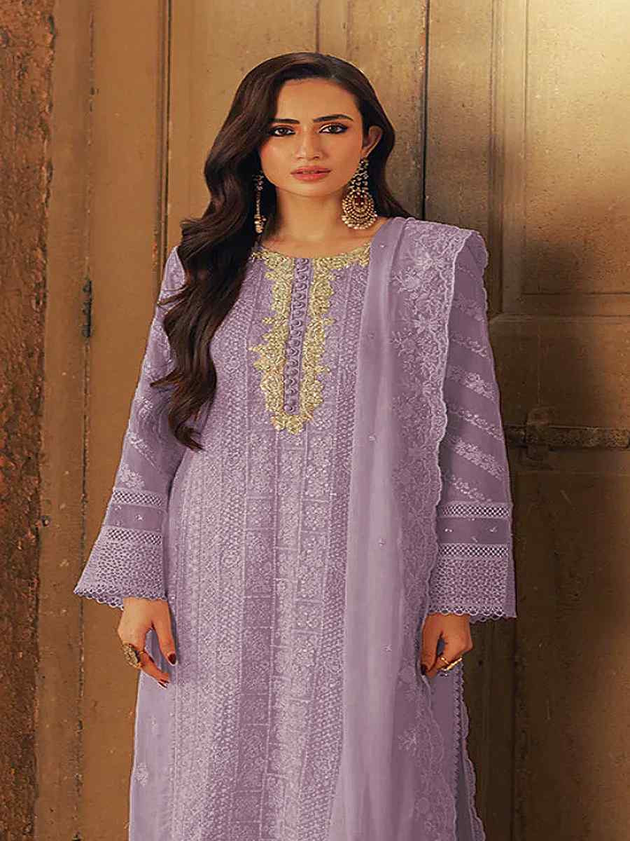 Lavender Heavy Faux Georgette Embroidered Festival Wedding Pant Salwar Kameez