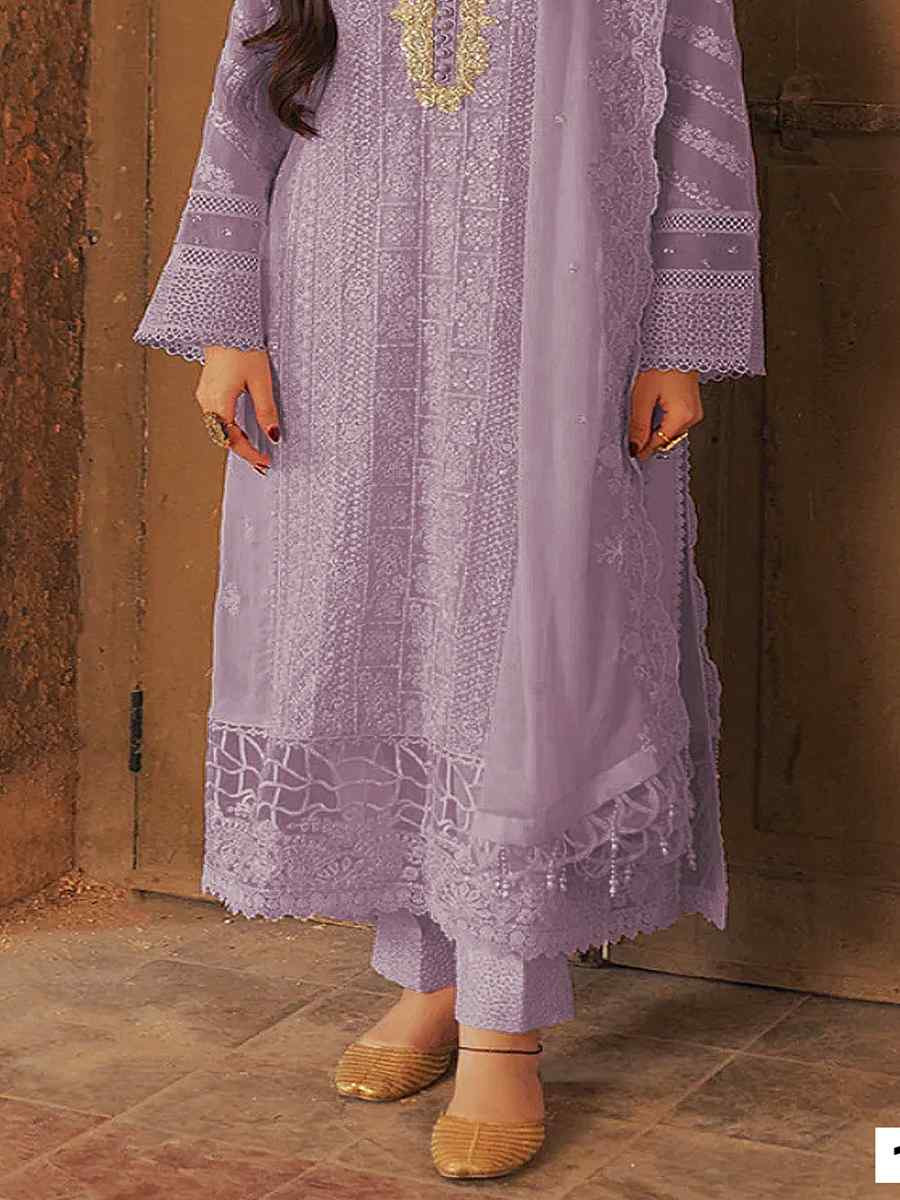 Lavender Heavy Faux Georgette Embroidered Festival Wedding Pant Salwar Kameez