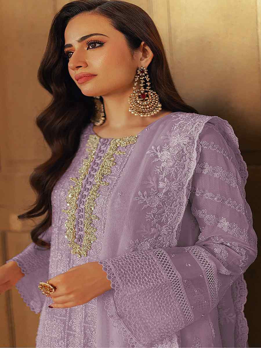 Lavender Heavy Faux Georgette Embroidered Festival Wedding Pant Salwar Kameez