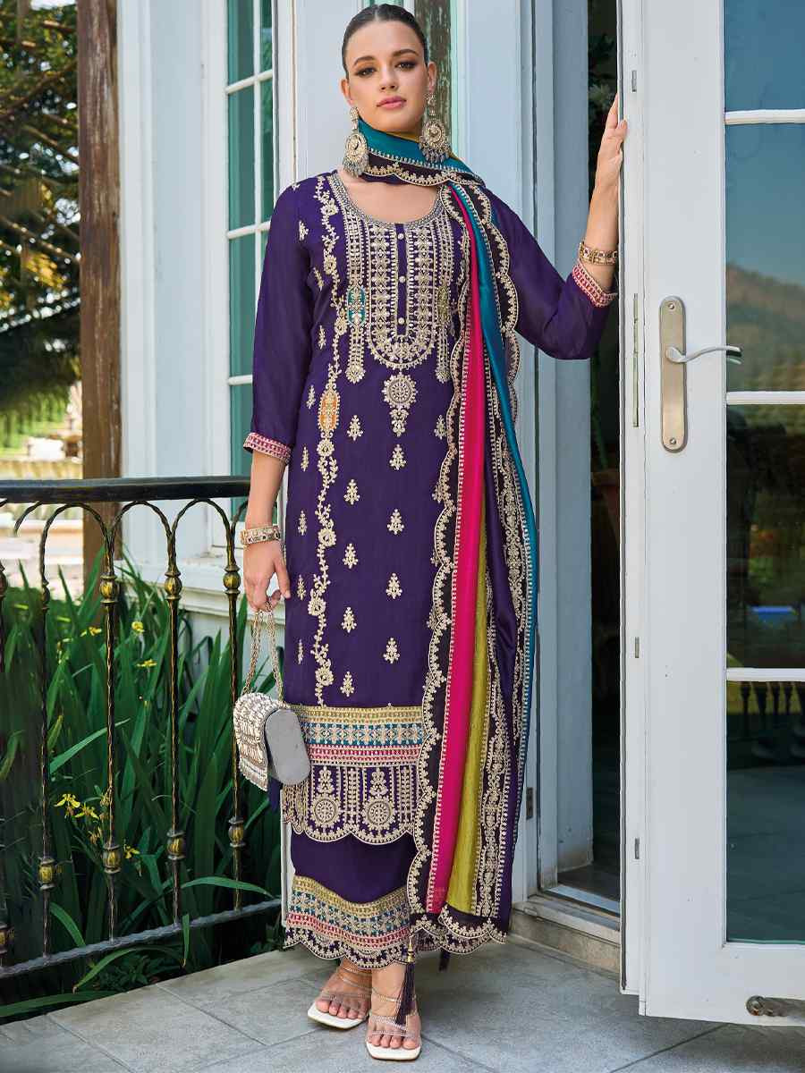 Lavender Heavy Faux Silk Embroidered Festival Wedding Pant Salwar Kameez