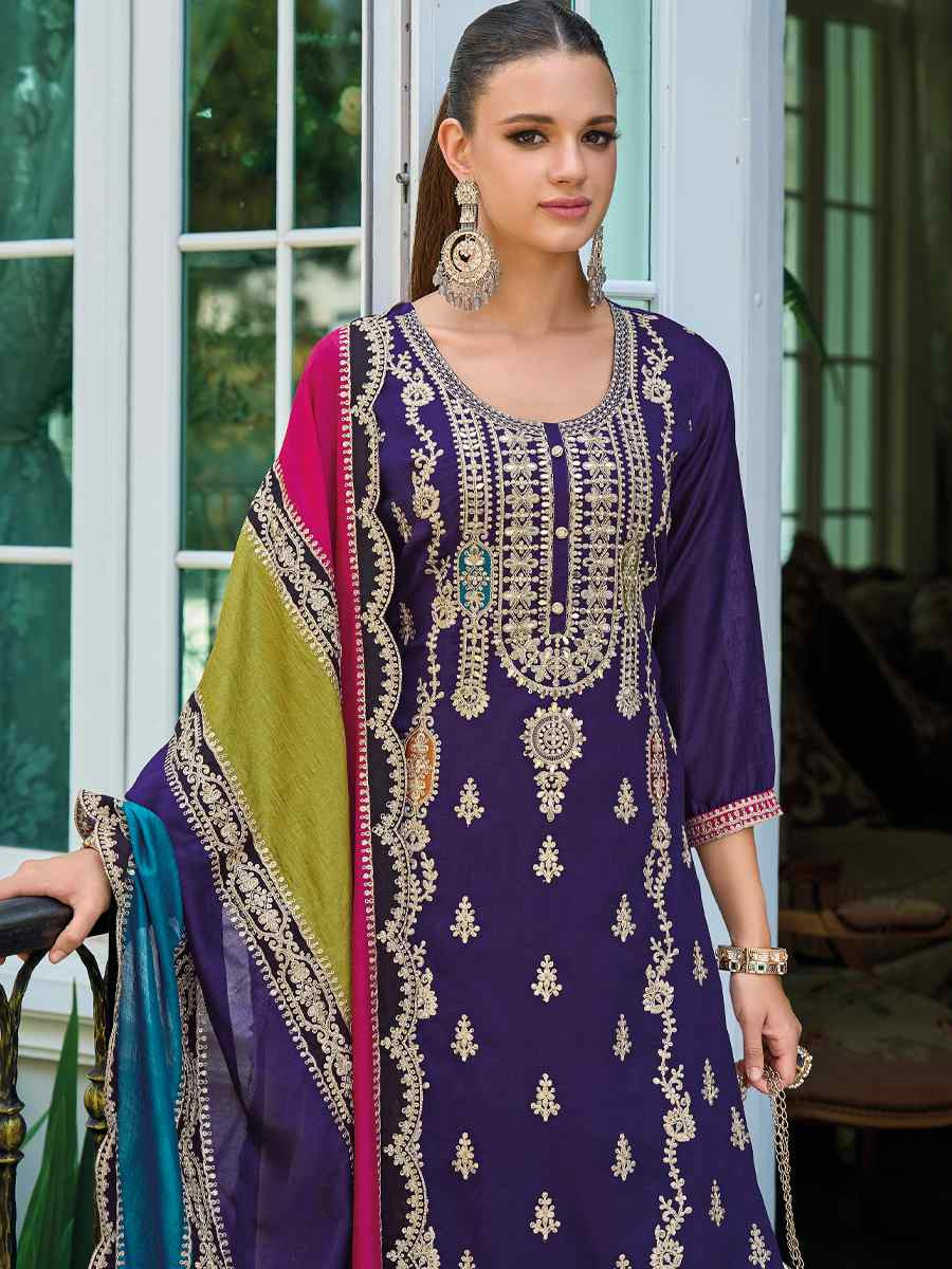 Lavender Heavy Faux Silk Embroidered Festival Wedding Pant Salwar Kameez