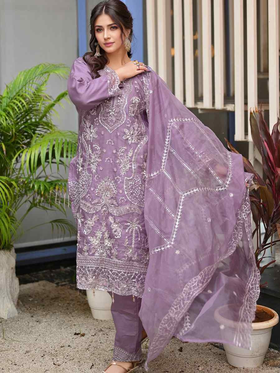 Lavender Heavy Organza Embroidered Festival Wedding Pant Ready Salwar Kameez