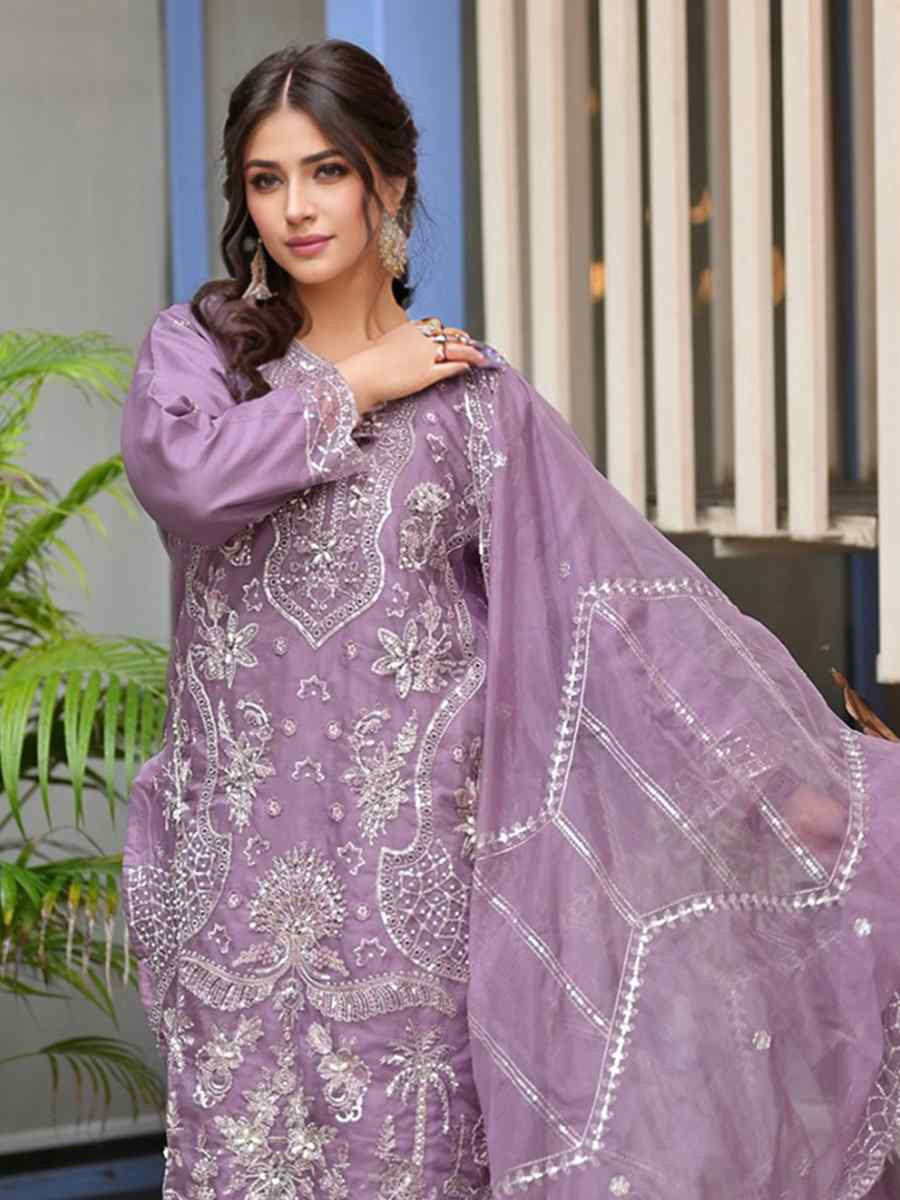 Lavender Heavy Organza Embroidered Festival Wedding Pant Ready Salwar Kameez