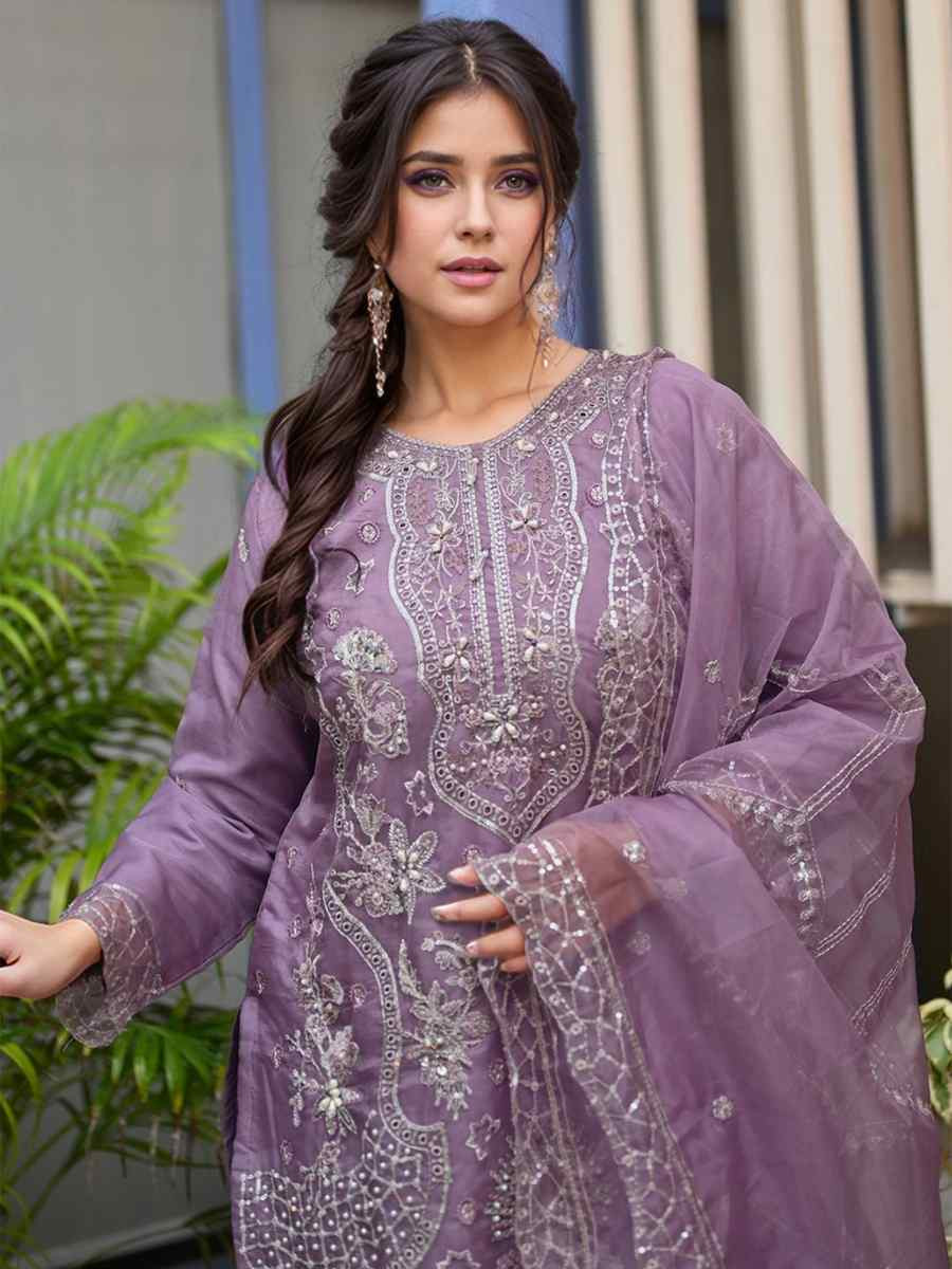 Lavender Heavy Organza Embroidered Festival Wedding Pant Ready Salwar Kameez