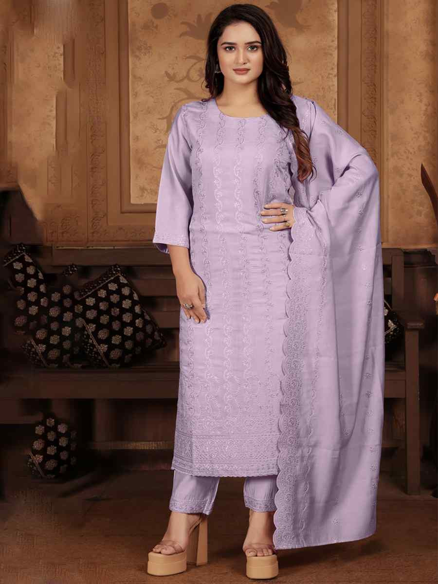 Lavender Heavy Peri Chanderi Embroidered Festival Casual Ready Pant Salwar Kameez