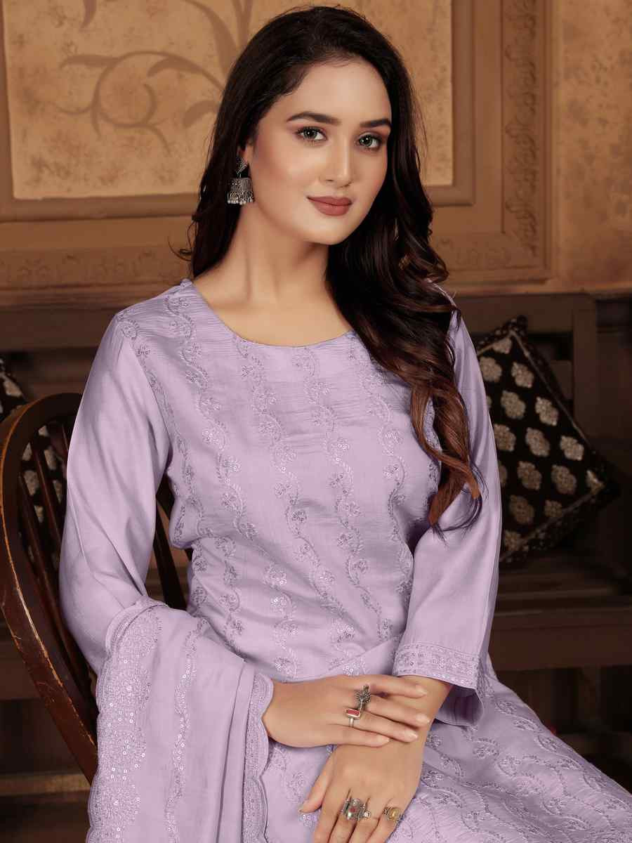 Lavender Heavy Peri Chanderi Embroidered Festival Casual Ready Pant Salwar Kameez