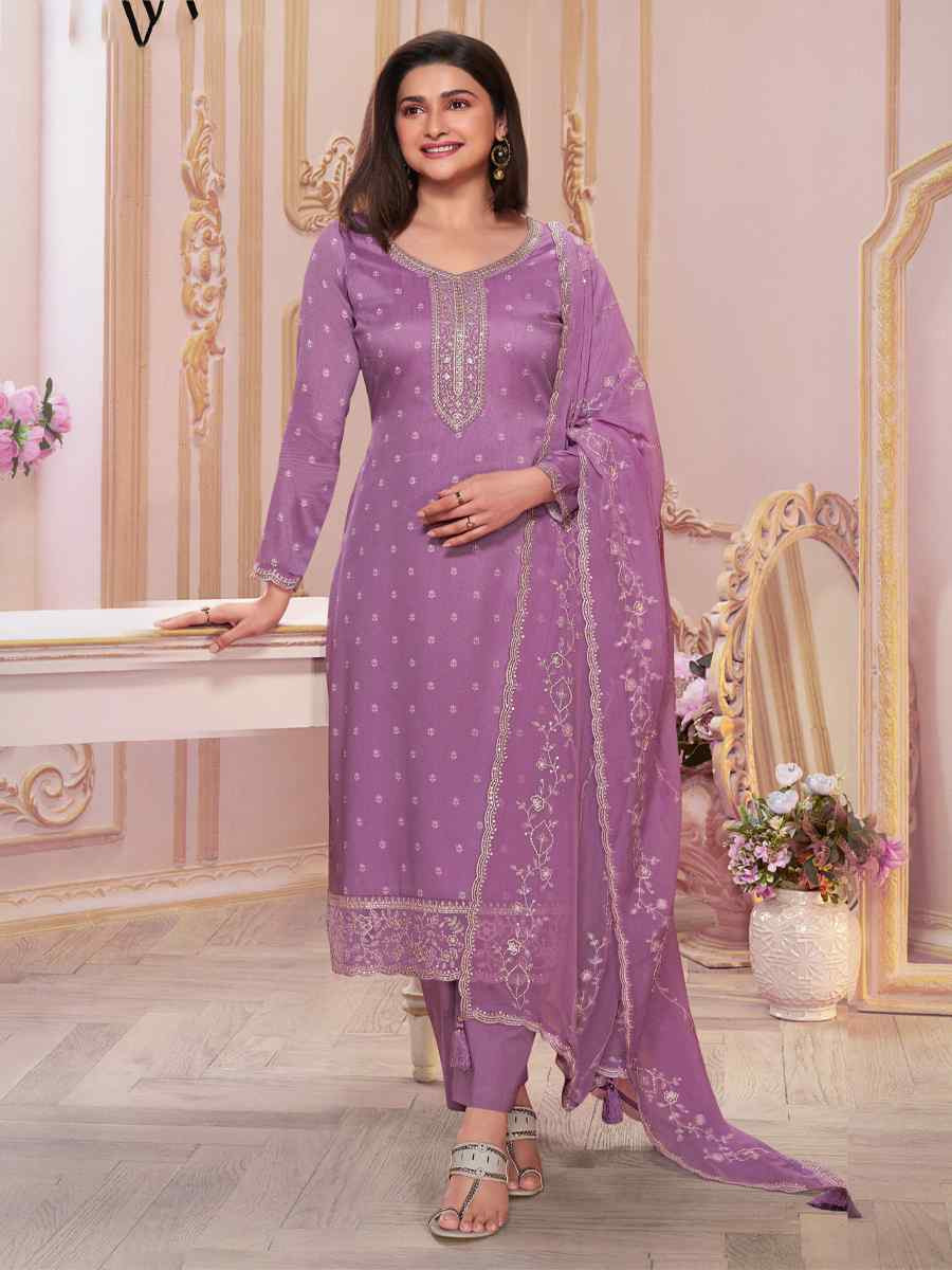 Lavender Heavy Silk Embroidered Festival Mehendi Pant Salwar Kameez