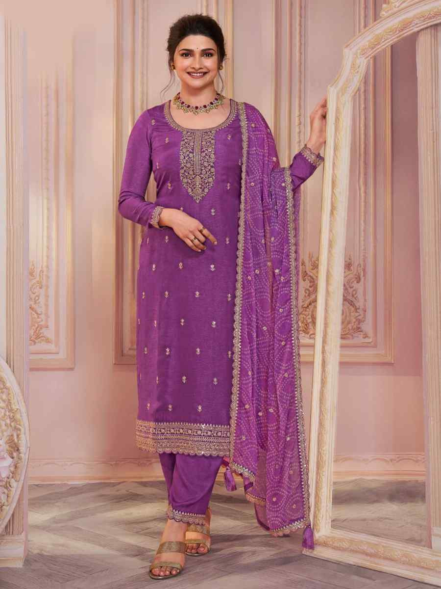 Lavender Heavy Silk Gerogatte Embroidered Festival Wedding Pant Salwar Kameez