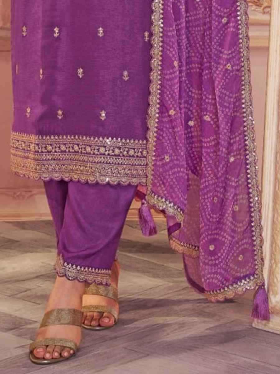 Lavender Heavy Silk Gerogatte Embroidered Festival Wedding Pant Salwar Kameez