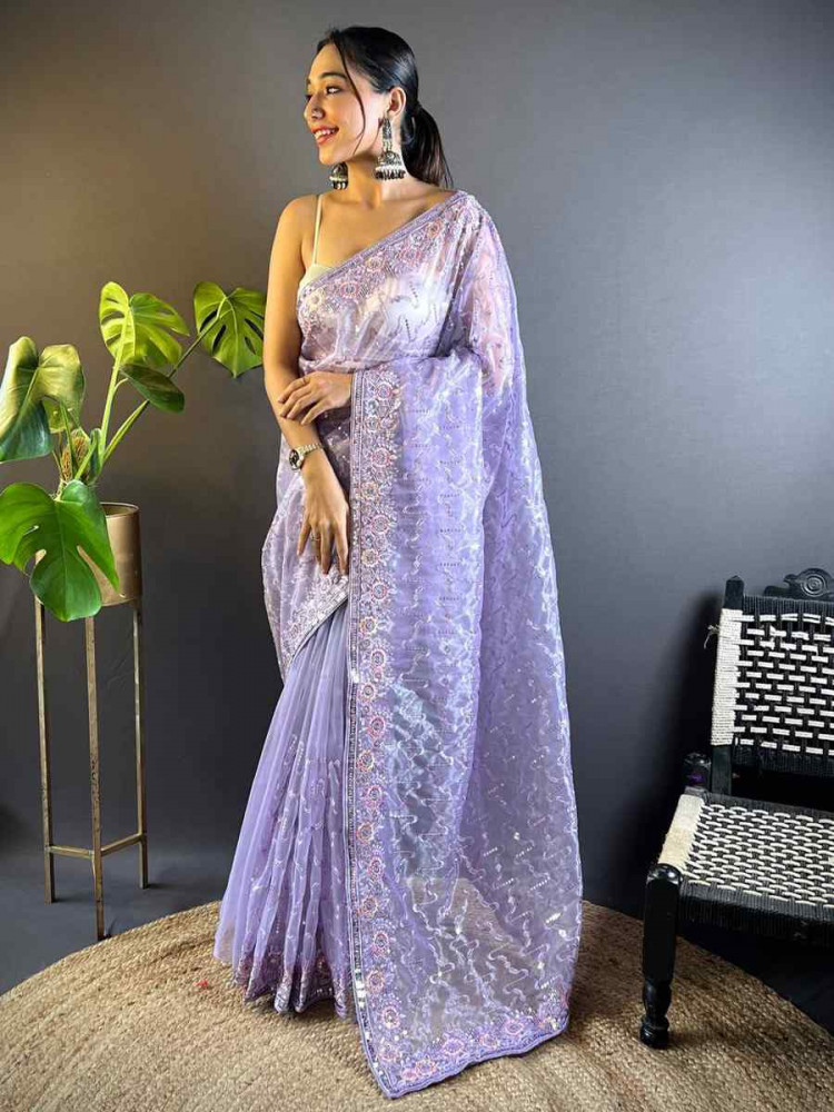 Lavender Heavy Teal Net Embroidered Festival Wedding Heavy Border Saree