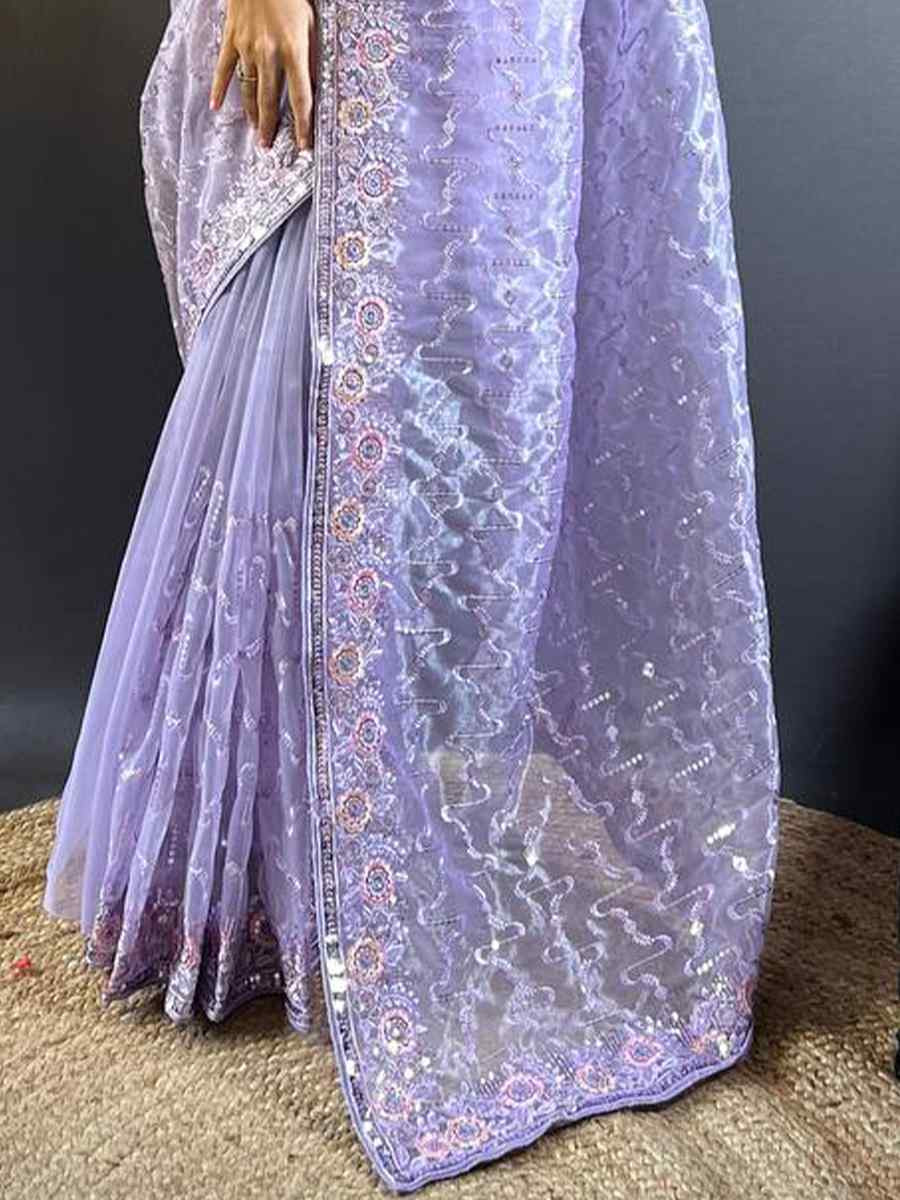 Lavender Heavy Teal Net Embroidered Festival Wedding Heavy Border Saree