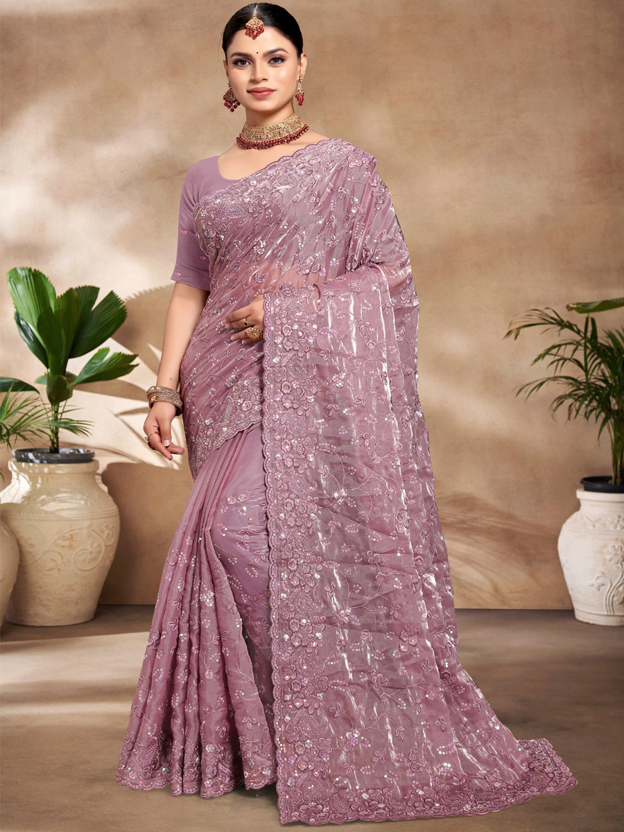 Lavender Jimmy Choo Silk Embroidered Reception Wedding Heavy Border Saree