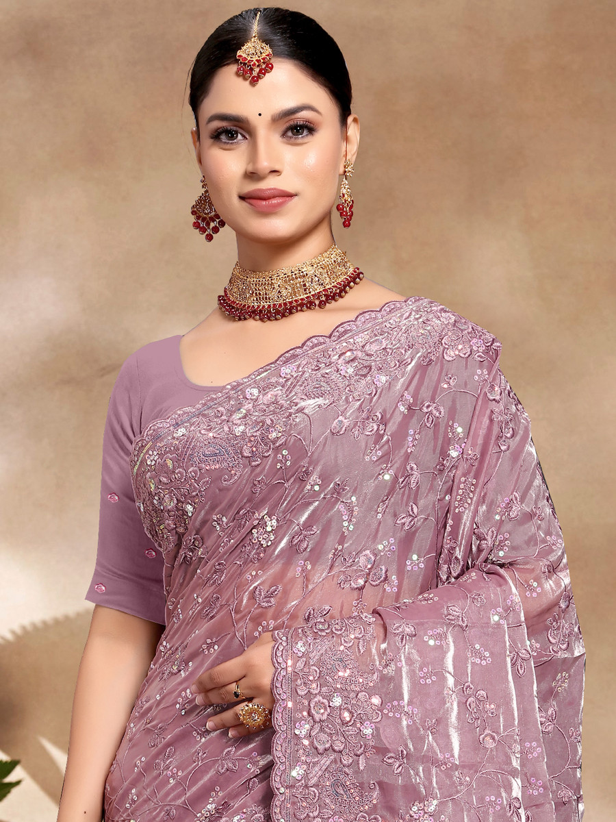 Lavender Jimmy Choo Silk Embroidered Reception Wedding Heavy Border Saree