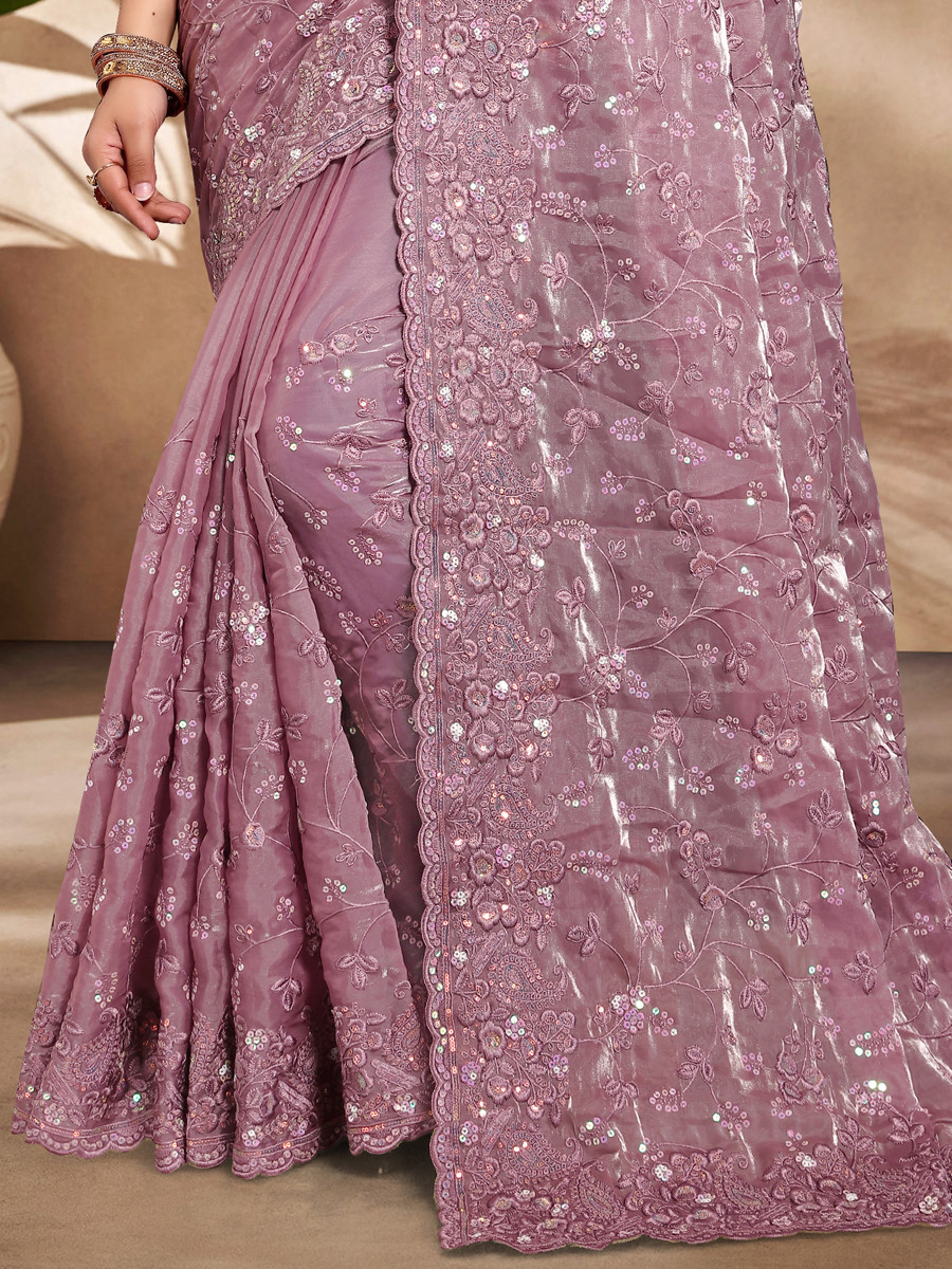 Lavender Jimmy Choo Silk Embroidered Reception Wedding Heavy Border Saree