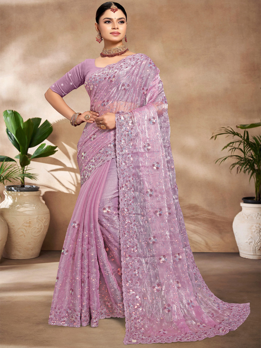 Lavender Jimmy Choo Silk Embroidered Reception Wedding Heavy Border Saree