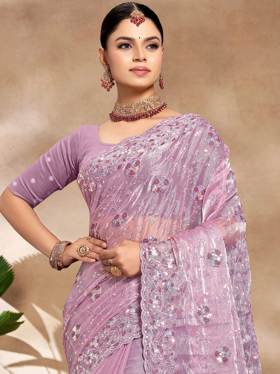 Lavender Jimmy Choo Silk Embroidered Reception Wedding Heavy Border Saree