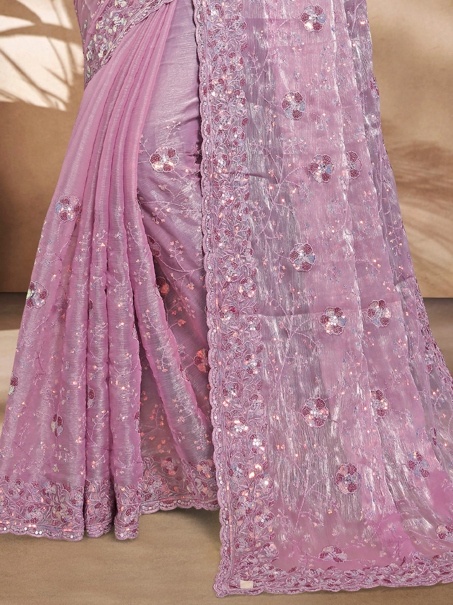 Lavender Jimmy Choo Silk Embroidered Reception Wedding Heavy Border Saree