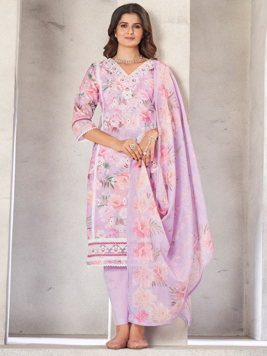 Lavender Linen Cotton Embroidered Festival Casual Ready Pant Salwar Kameez