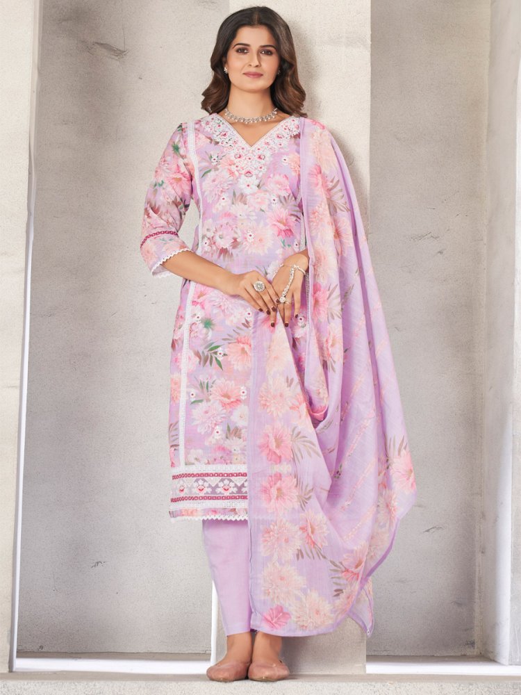 Lavender Linen Cotton Embroidered Festival Casual Ready Pant Salwar Kameez