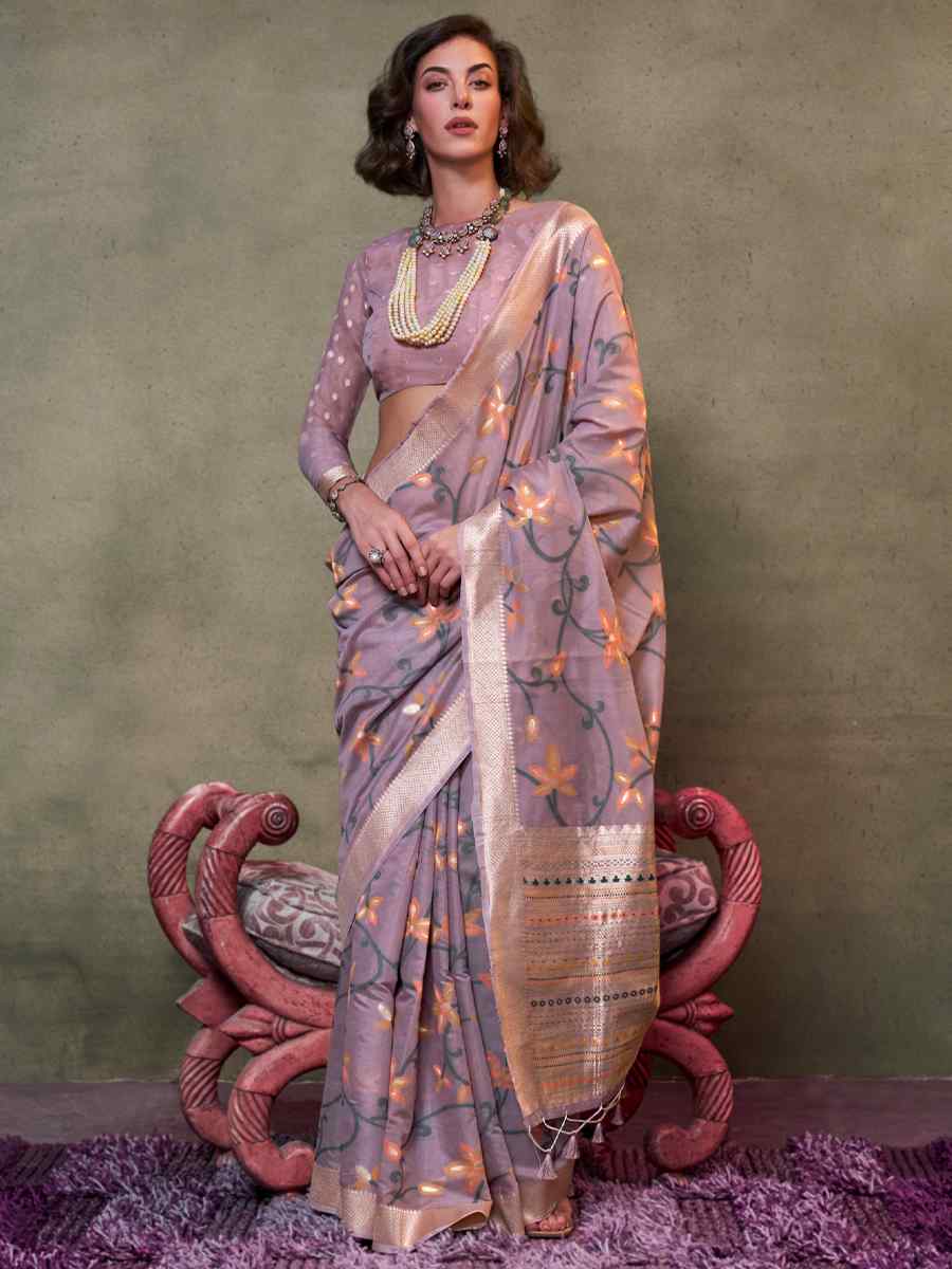 Lavender Malmal Cotton Handwoven Wedding Festival Heavy Border Saree