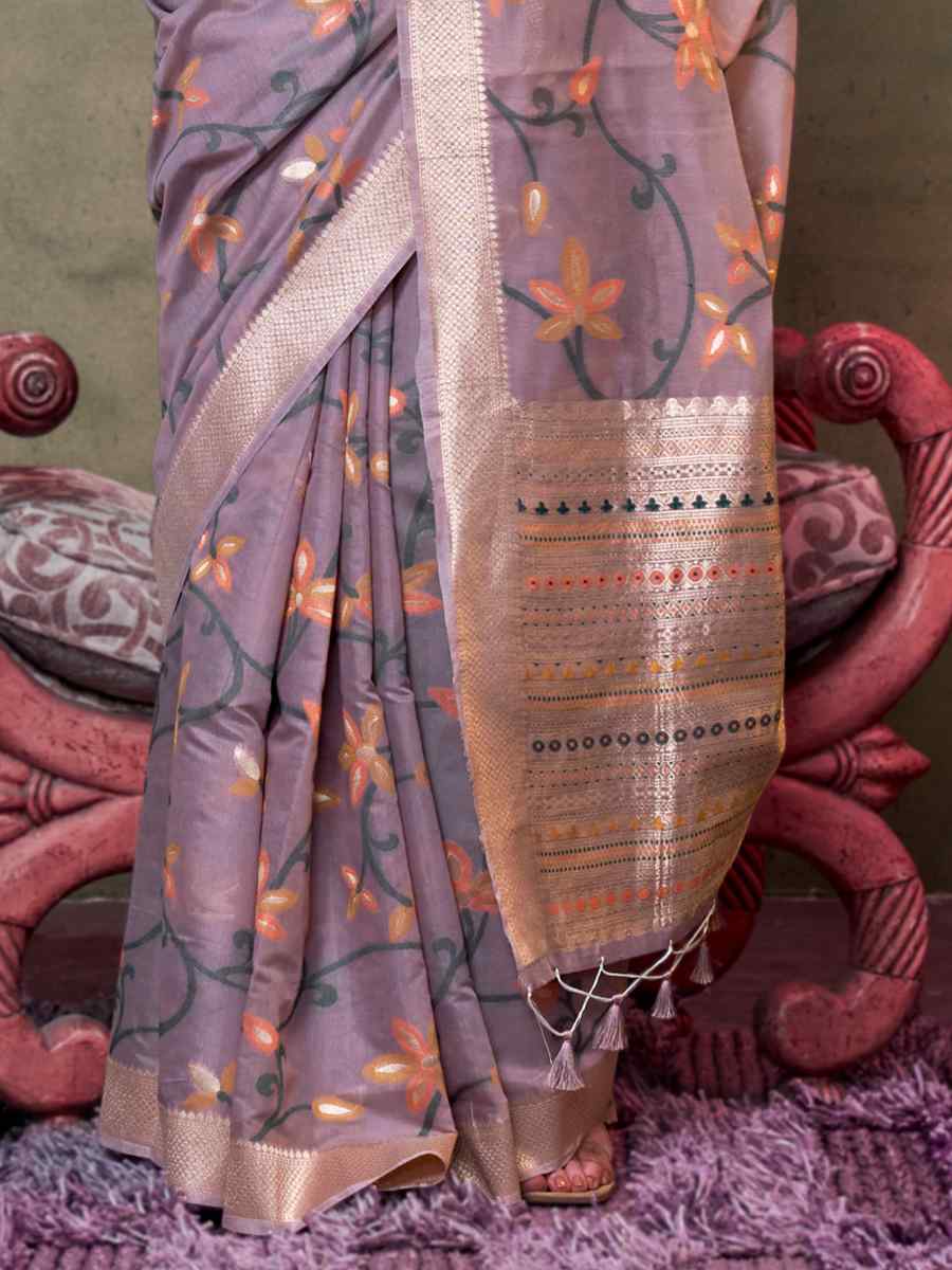 Lavender Malmal Cotton Handwoven Wedding Festival Heavy Border Saree