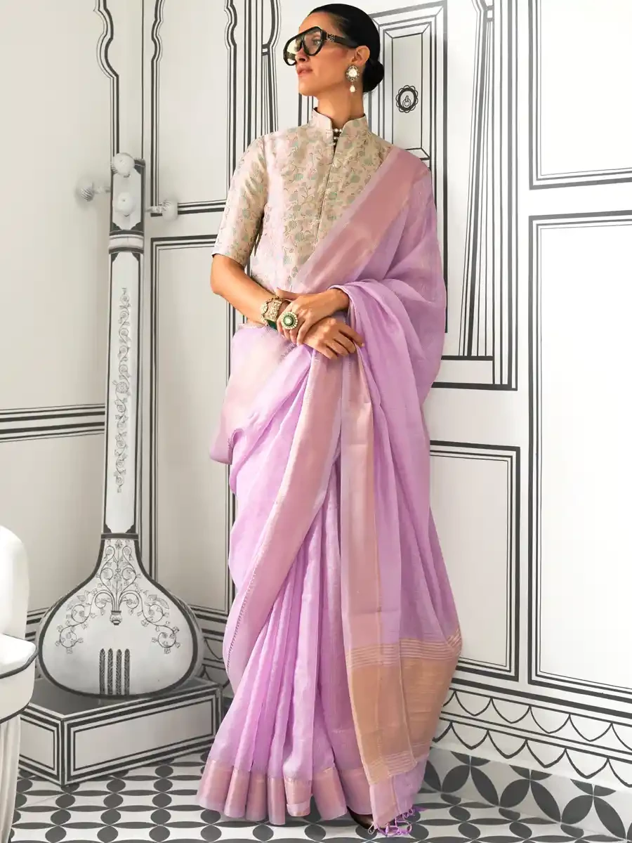 Lavender Moss Chiffon Handloom Handwoven Festival Casual Heavy Border Saree