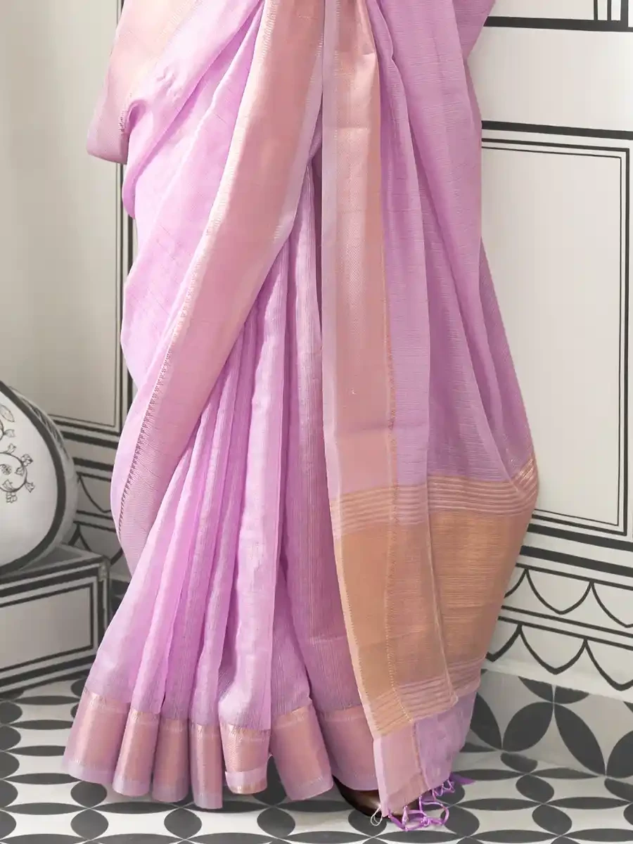 Lavender Moss Chiffon Handloom Handwoven Festival Casual Heavy Border Saree