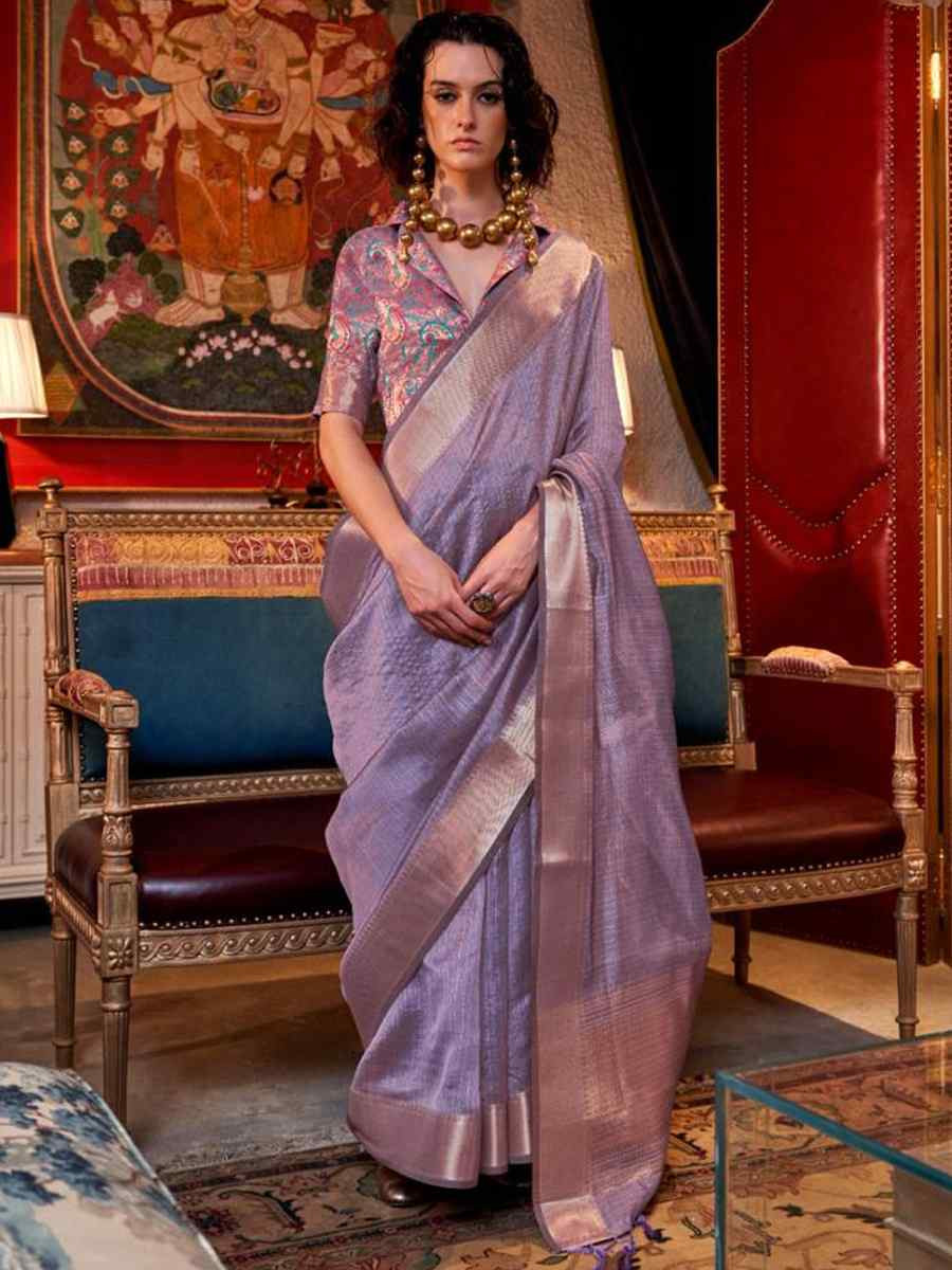 Lavender Moss Chiffon Handwoven Festival Wedding Heavy Border Saree