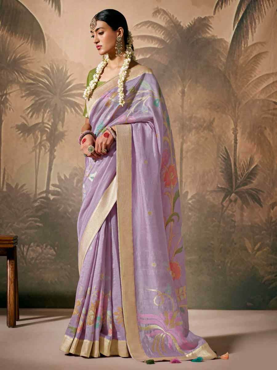 Lavender Munga Silk Embroidered Reception Wedding Heavy Border Saree