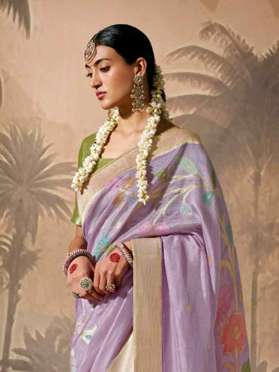 Lavender Munga Silk Embroidered Reception Wedding Heavy Border Saree