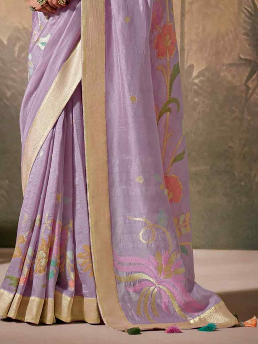 Lavender Munga Silk Embroidered Reception Wedding Heavy Border Saree