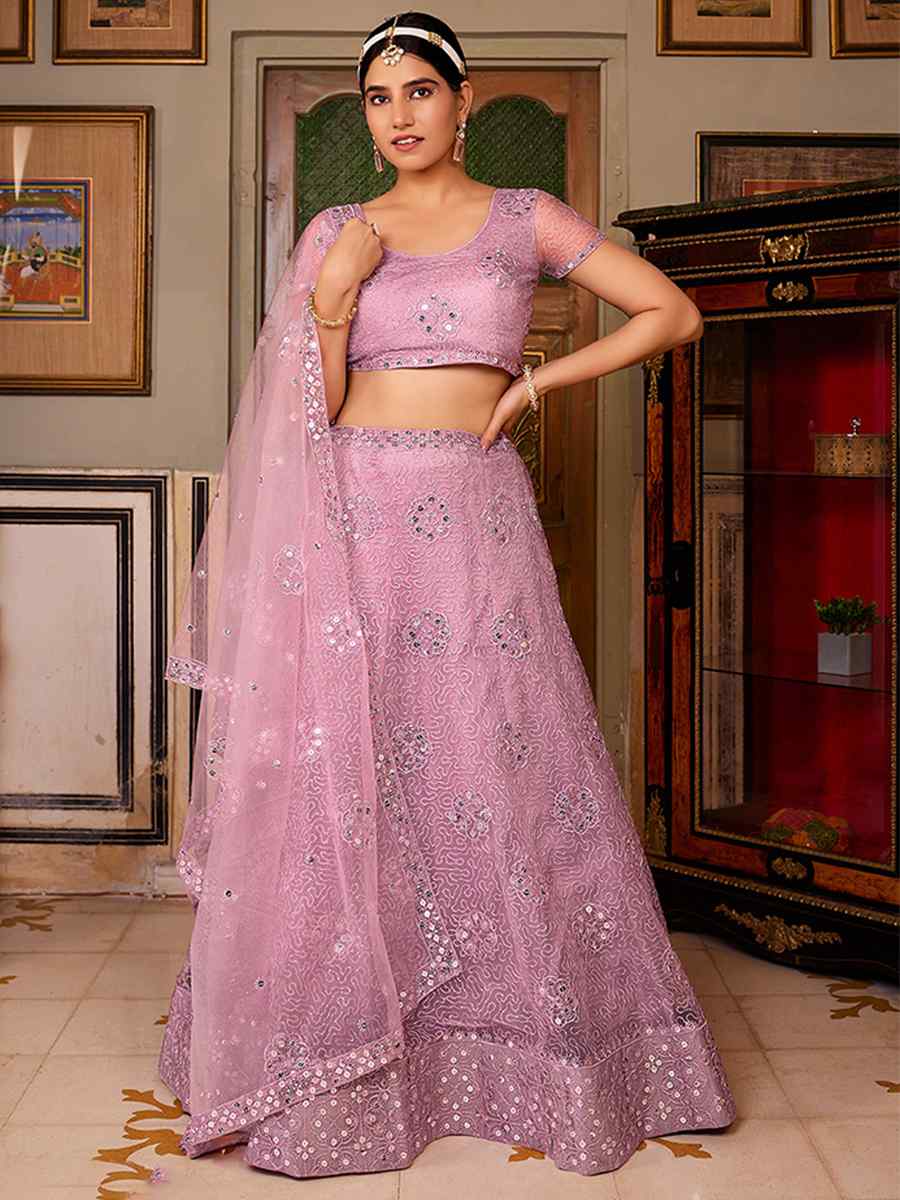 Lavender Net Embroidered Bridesmaid Wedding Heavy Border Lehenga Choli