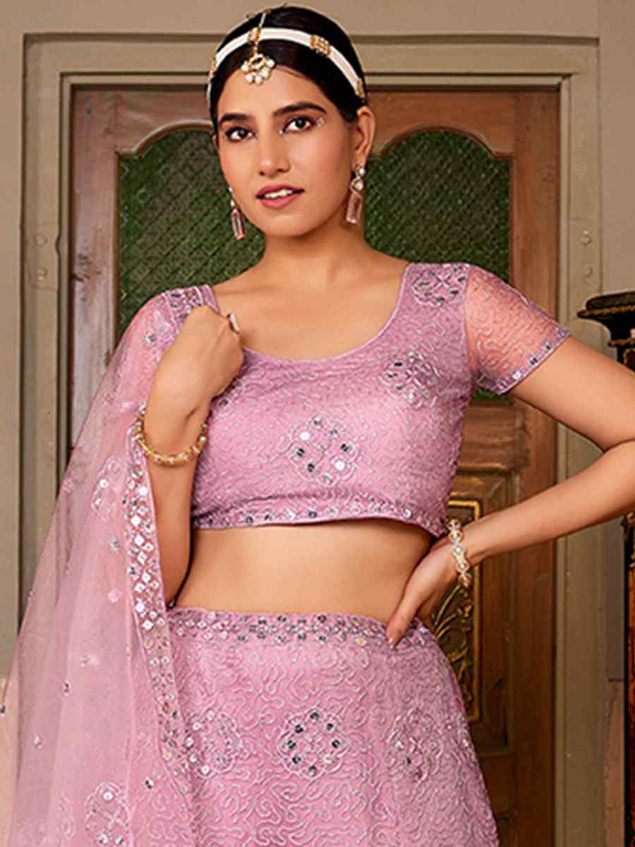 Lavender Net Embroidered Bridesmaid Wedding Heavy Border Lehenga Choli