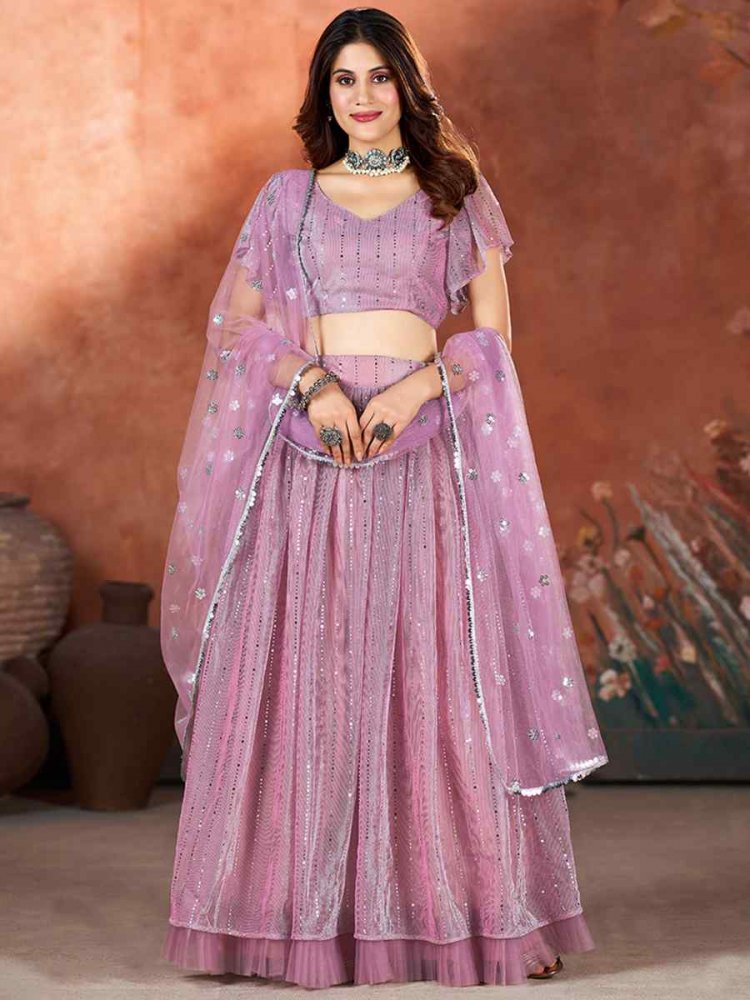 Lavender Net Embroidered Bridesmaid Wedding Heavy Border Lehenga Choli