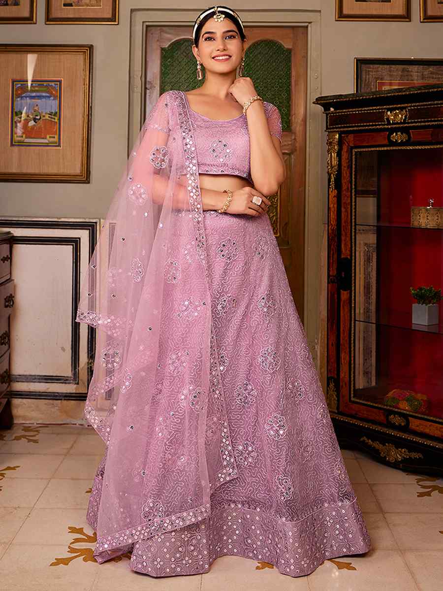 Lavender Net Embroidered Bridesmaid Wedding Heavy Border Lehenga Choli