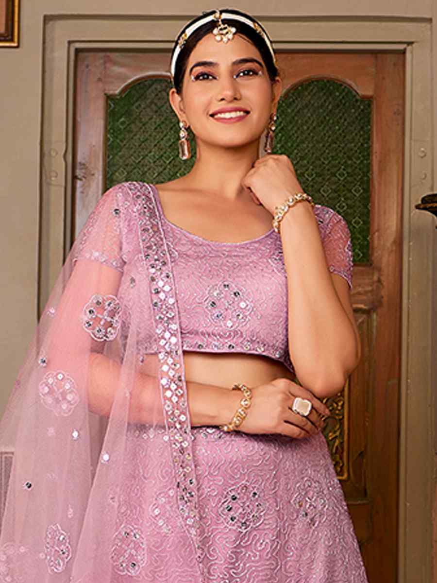 Lavender Net Embroidered Bridesmaid Wedding Heavy Border Lehenga Choli